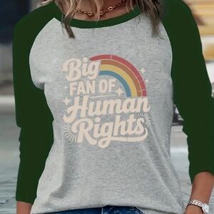 Big Fan of Human Rights Raglan Tee Vintage Style Graphic Top Green Gray XXL